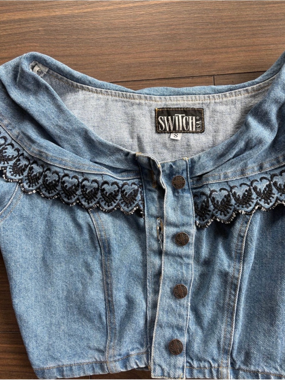 Vintage switch denim button up lace trim sailor top - Picture 2 of 3